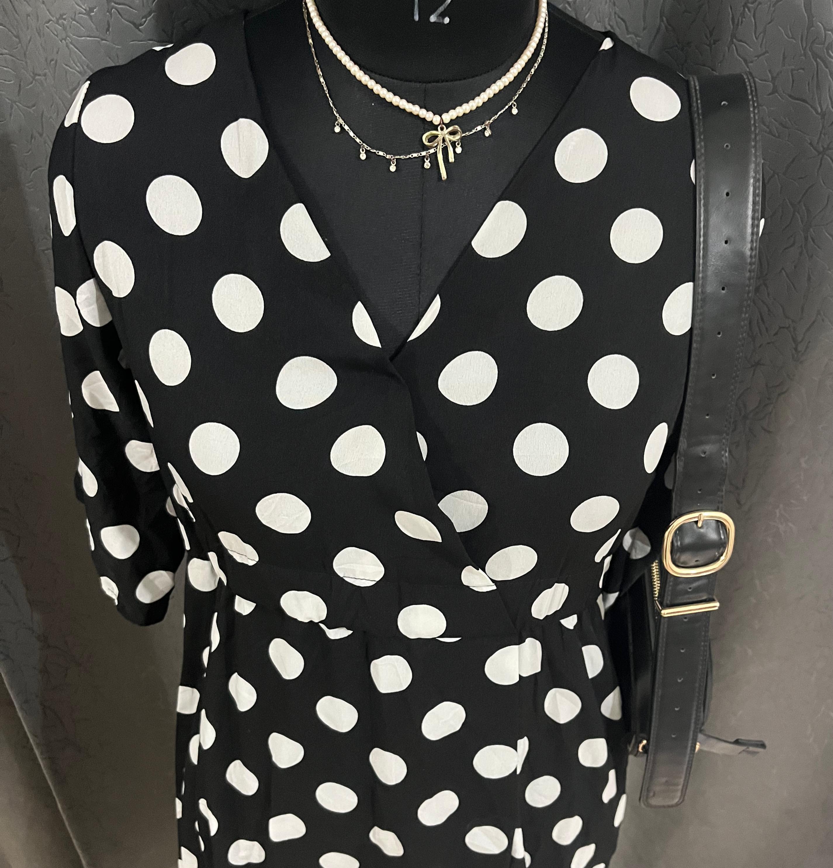 Classic Black & White Polka Dot Midi Dress – Vintage Wrap Style