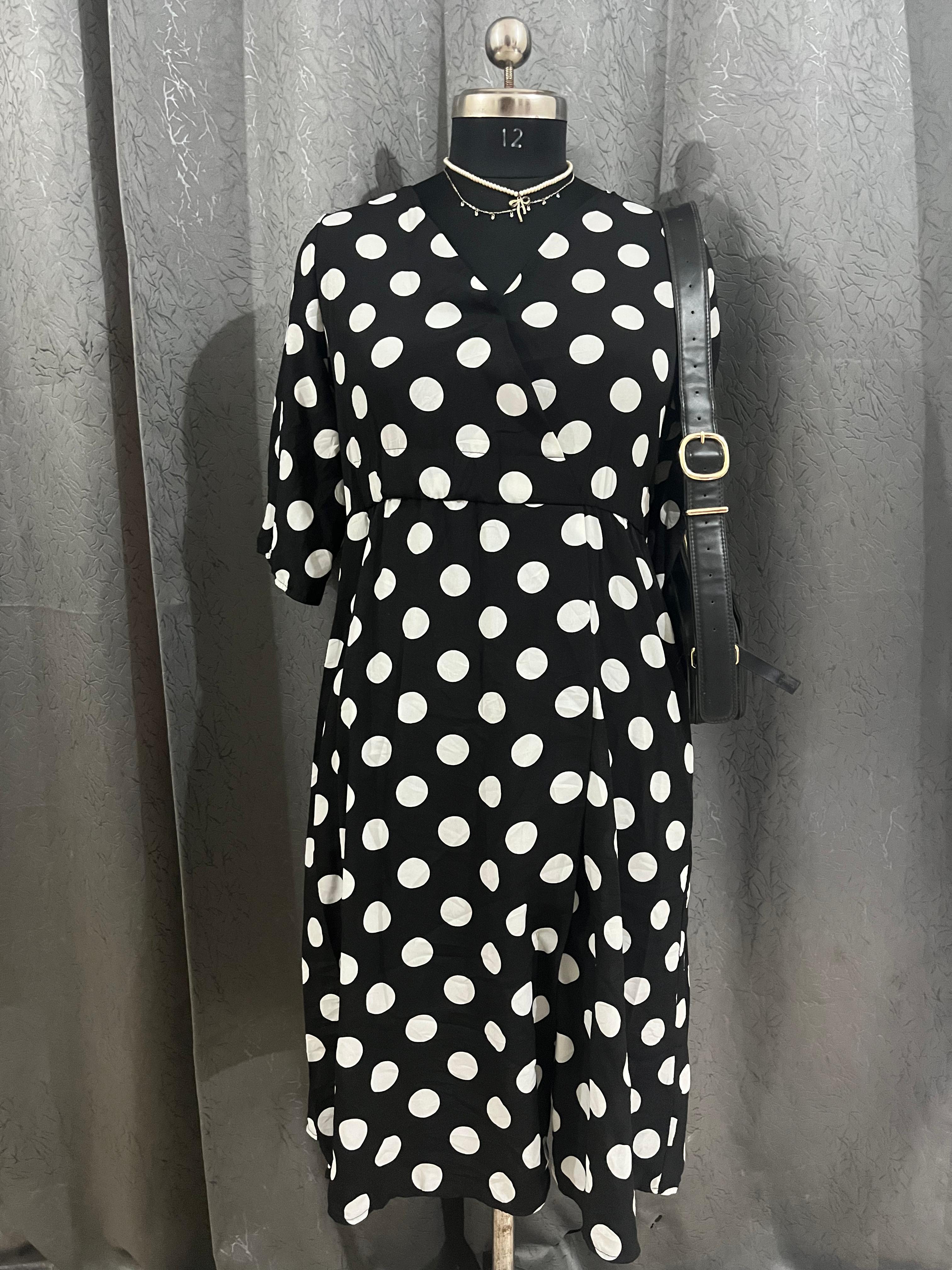 Classic Black & White Polka Dot Midi Dress – Vintage Wrap Style