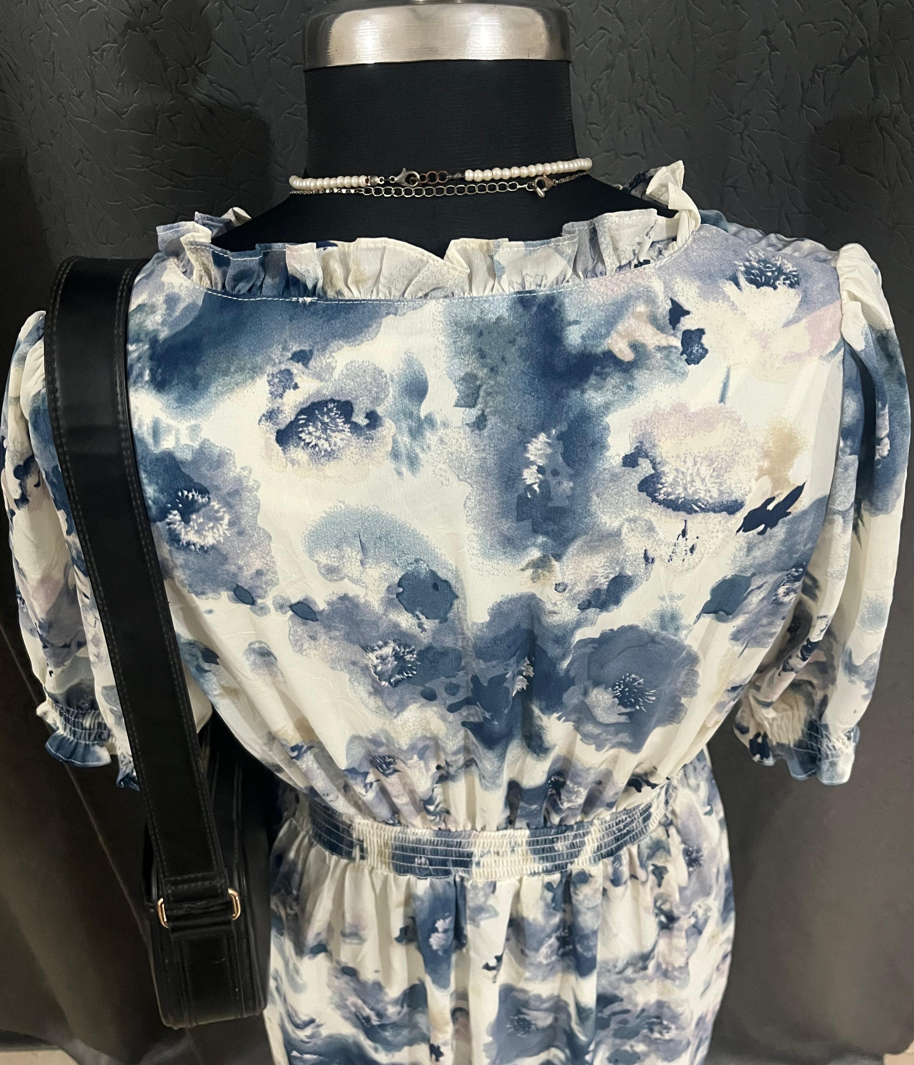 Blue & White Watercolor Floral Midi Dress – Elegant Summer Wear
