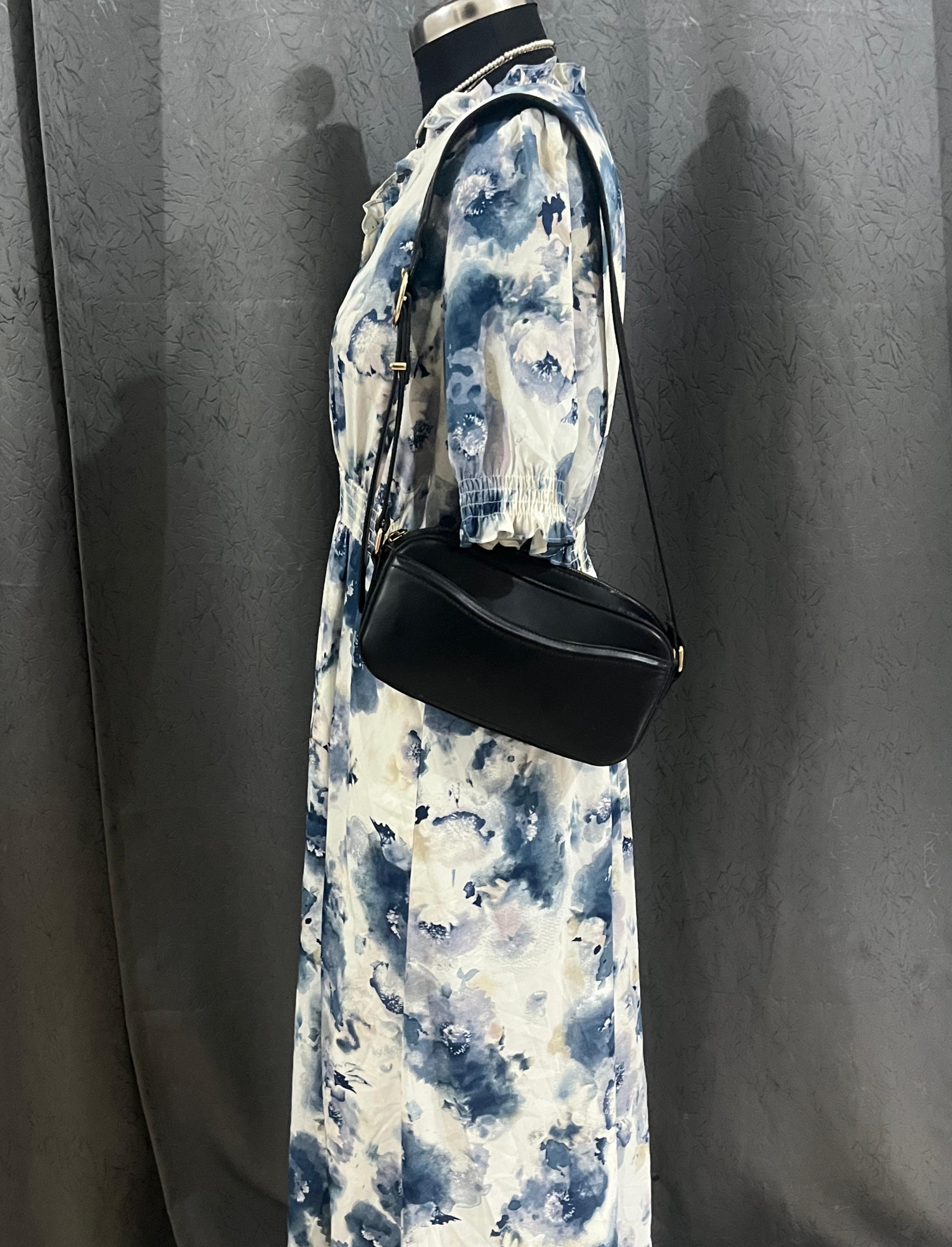 Blue & White Watercolor Floral Midi Dress – Elegant Summer Wear