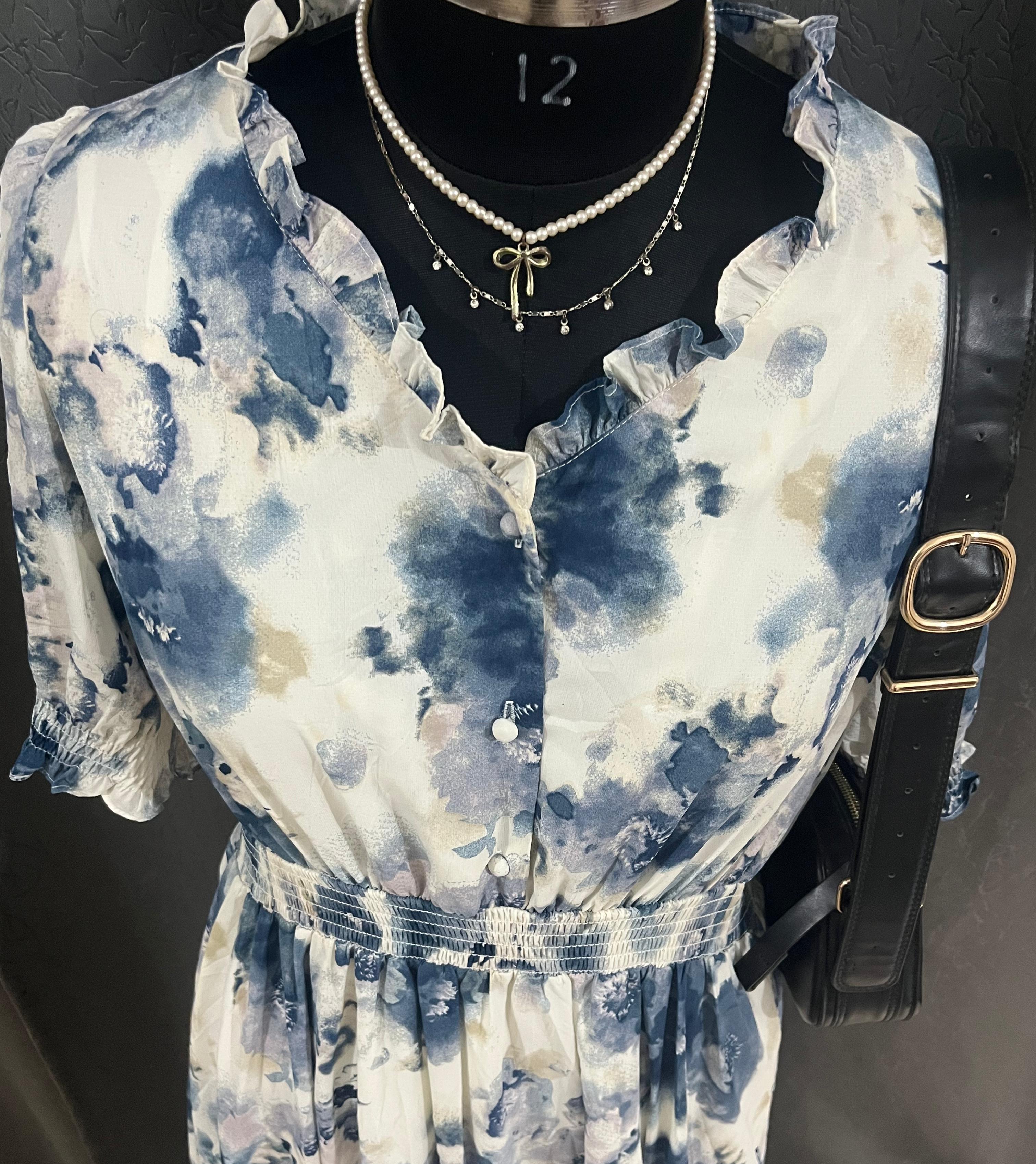 Blue & White Watercolor Floral Midi Dress – Elegant Summer Wear
