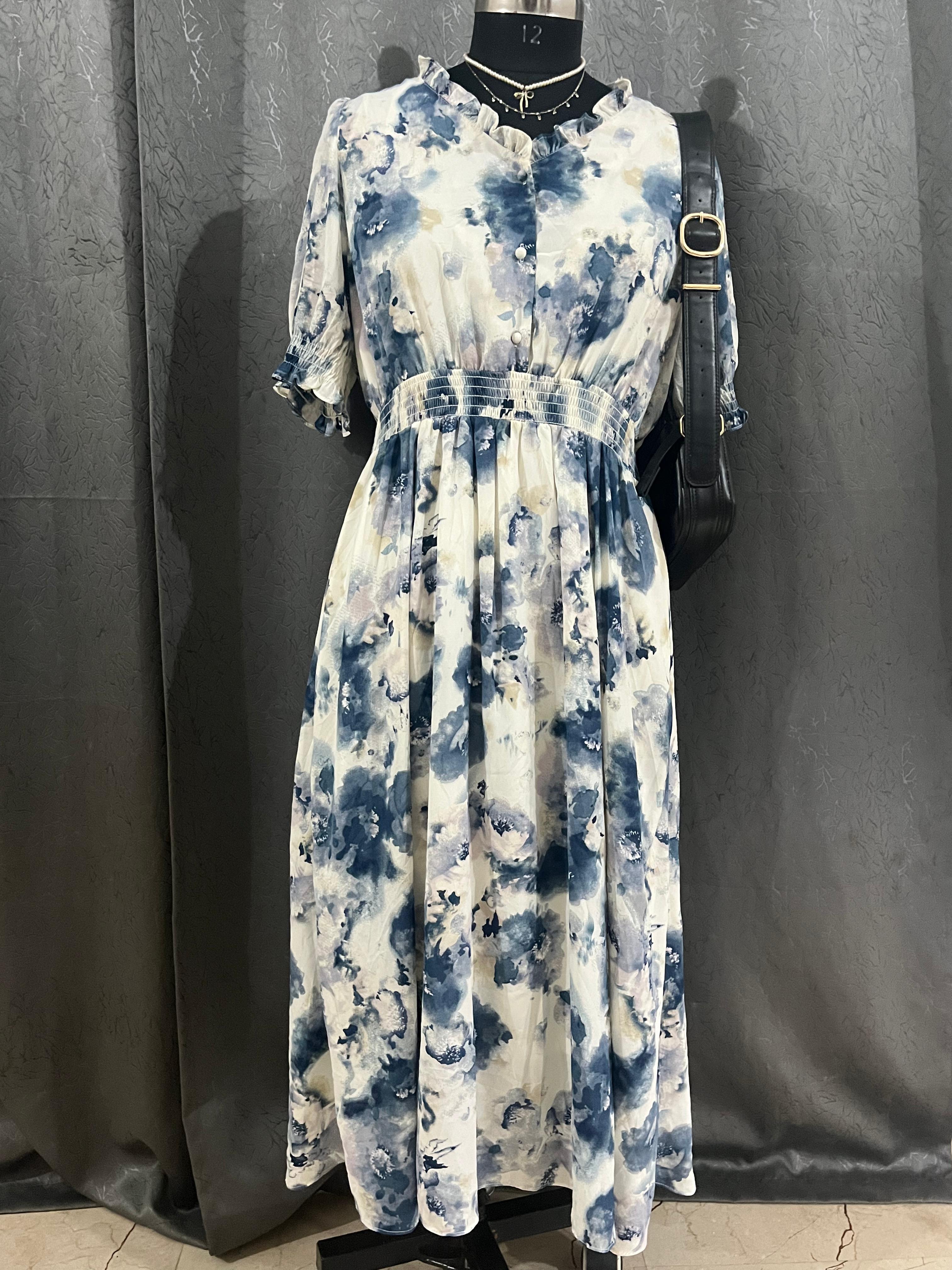 Blue & White Watercolor Floral Midi Dress – Elegant Summer Wear