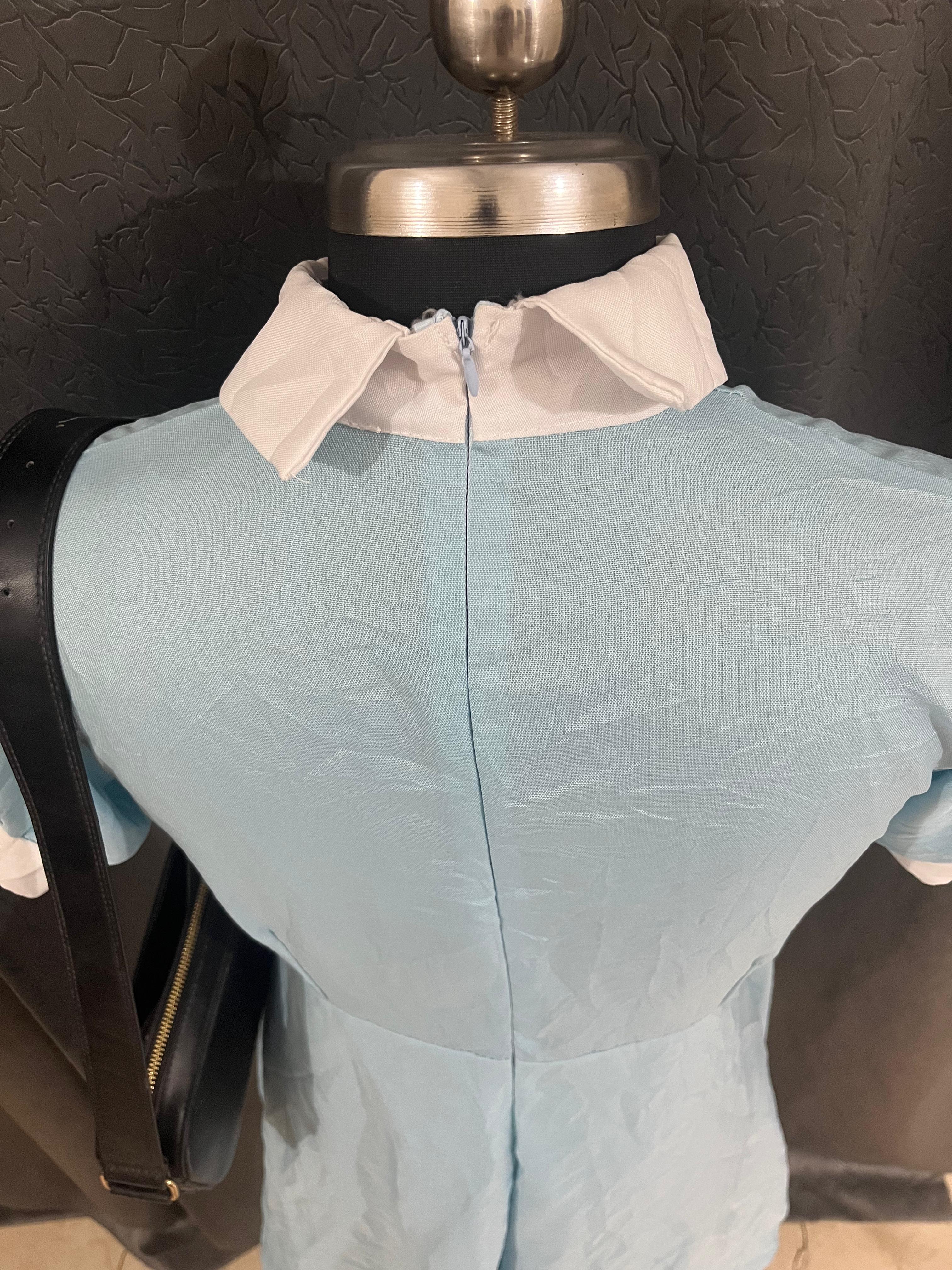 Sky Blue Vintage-Inspired Dress with White Collar & Lace Hem
