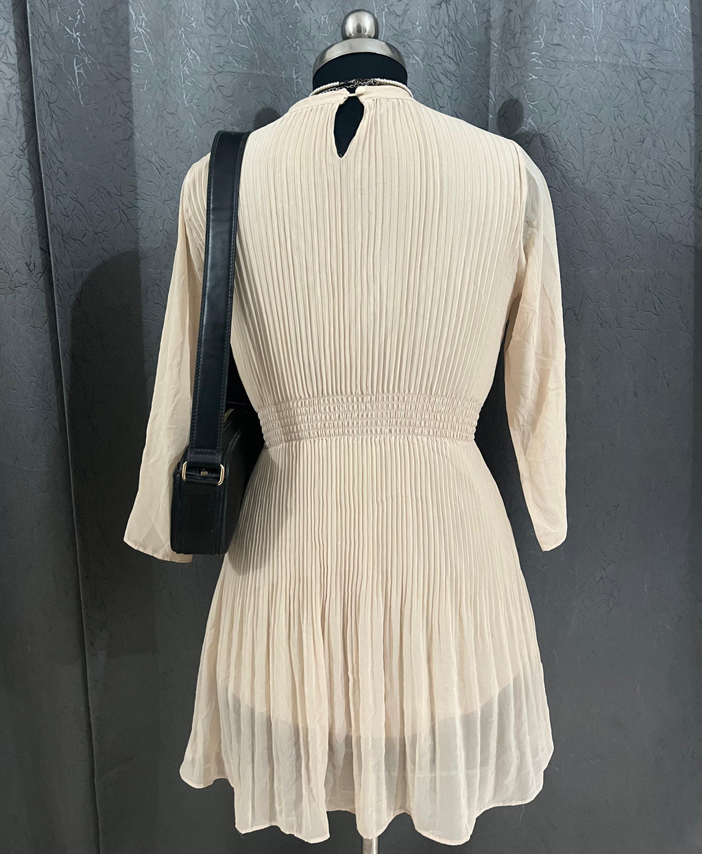 Beige Pleated Mini Dress – Chic & Elegant Style