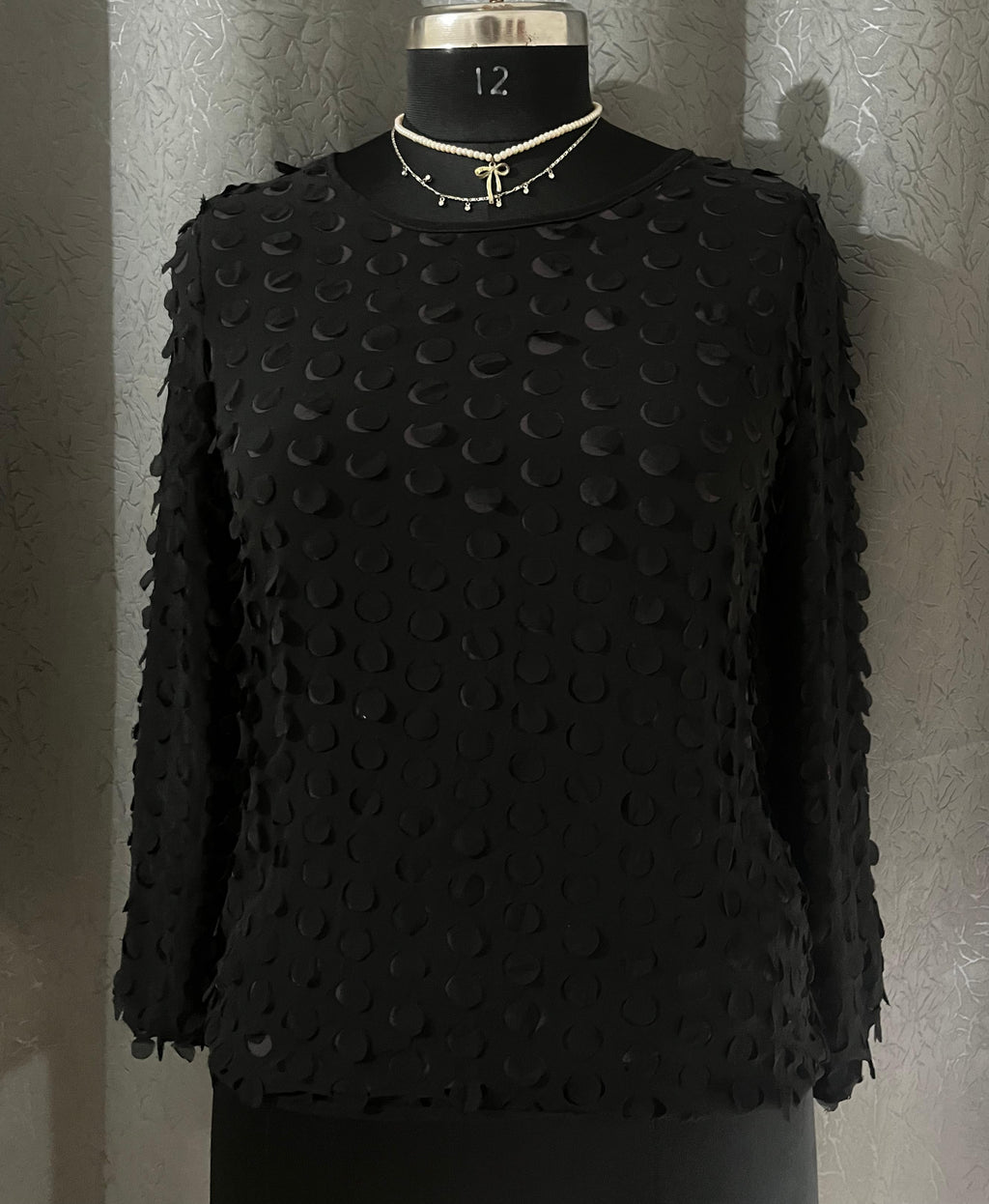 Textured Black Polka Dot Sheer Blouse (Size M)