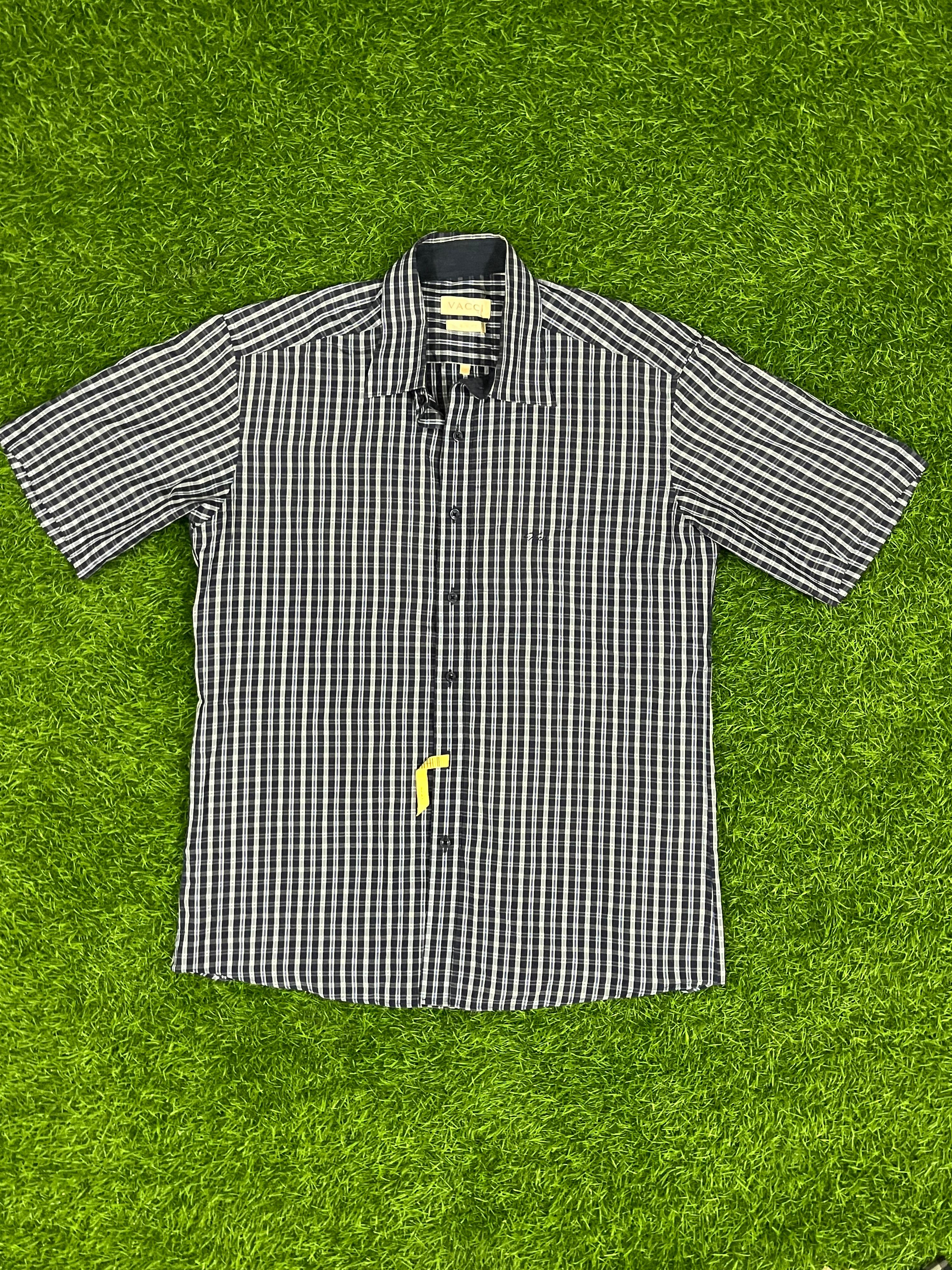 Vacci Slim Fit Navy-White Checkered Short Sleeve