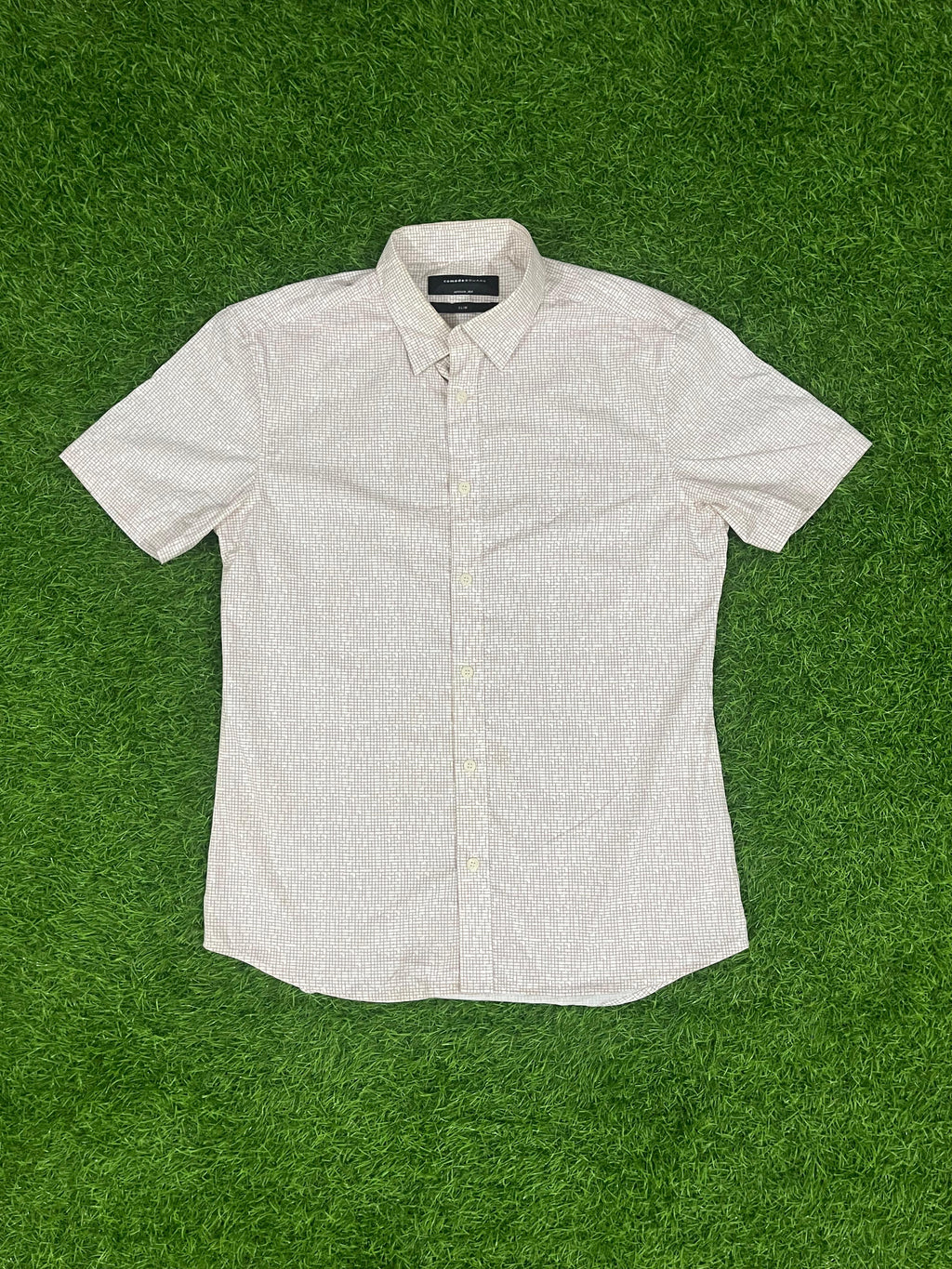 Comodo Square Slim Fit Short Sleeve Shirt – White with Brown Micro-Check Pattern