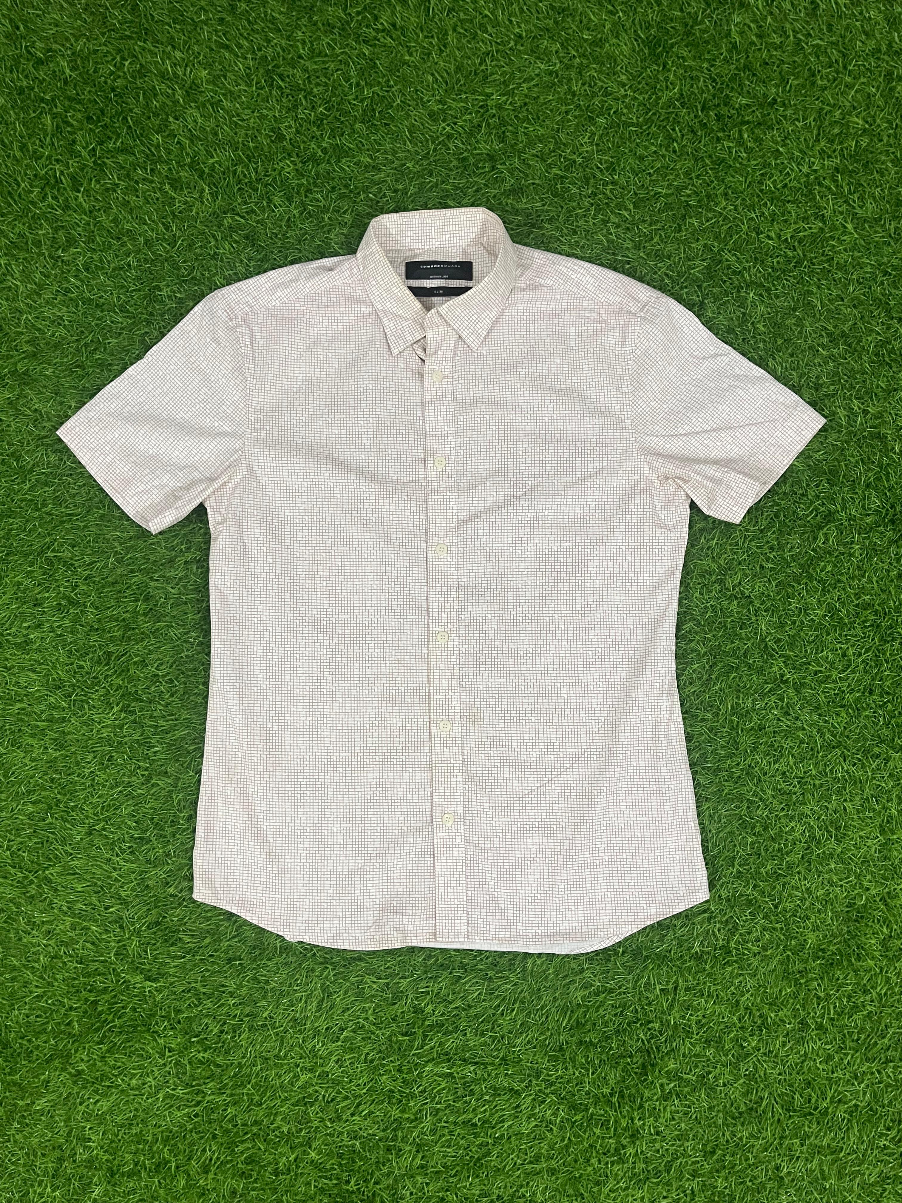 Comodo Square Slim Fit Short Sleeve Shirt – White with Brown Micro-Check Pattern