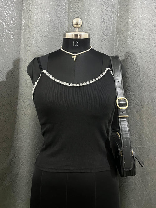 Black Ribbed Lace Trim Tank Top – Size L