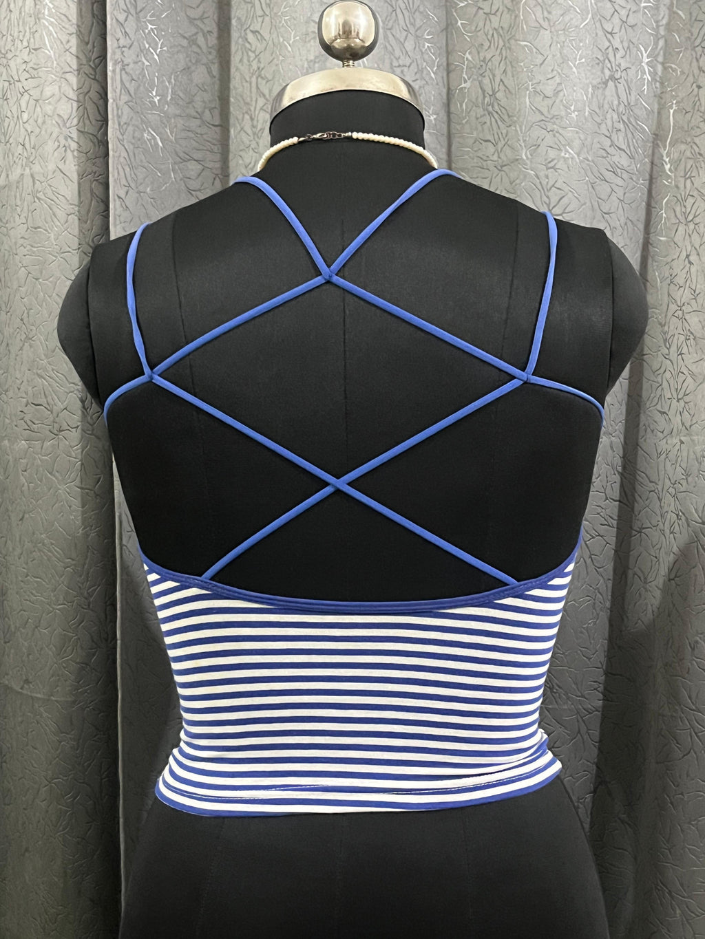 Blue & White Striped Cami Top with Criss-Cross Back – Size M