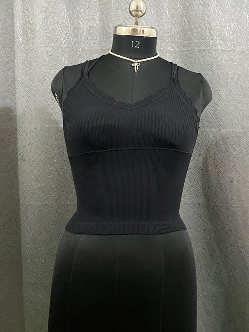 Black Ribbed Criss-Cross Back Crop Top – Size M