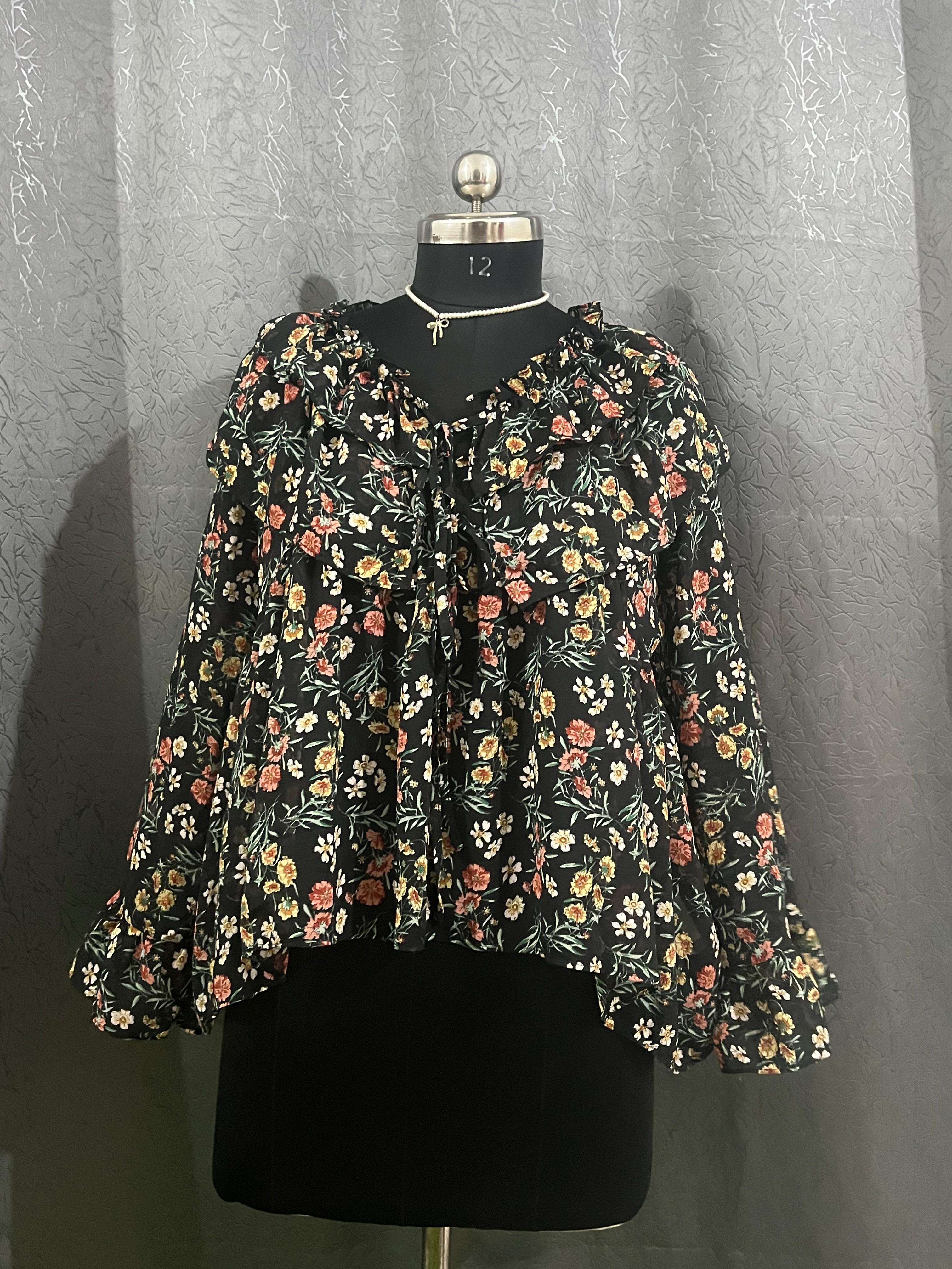 Vintage-Inspired Floral Ruffle Blouse (Size M)