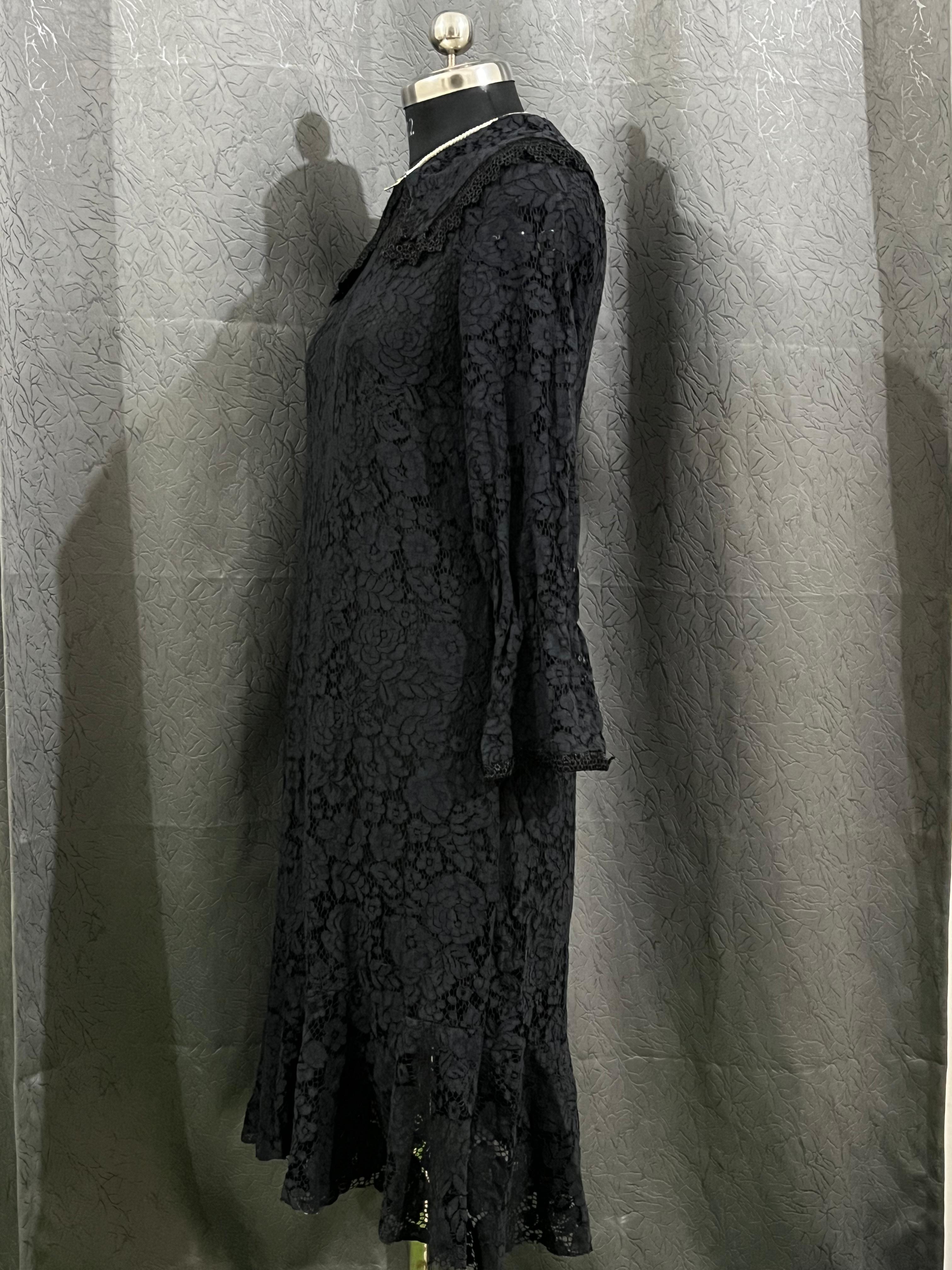Vintage Black Lace Midi Dress (Size L)