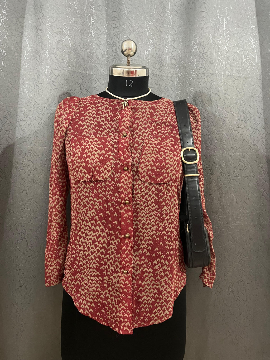 Vintage Maroon Printed Button-Up Blouse – Size M