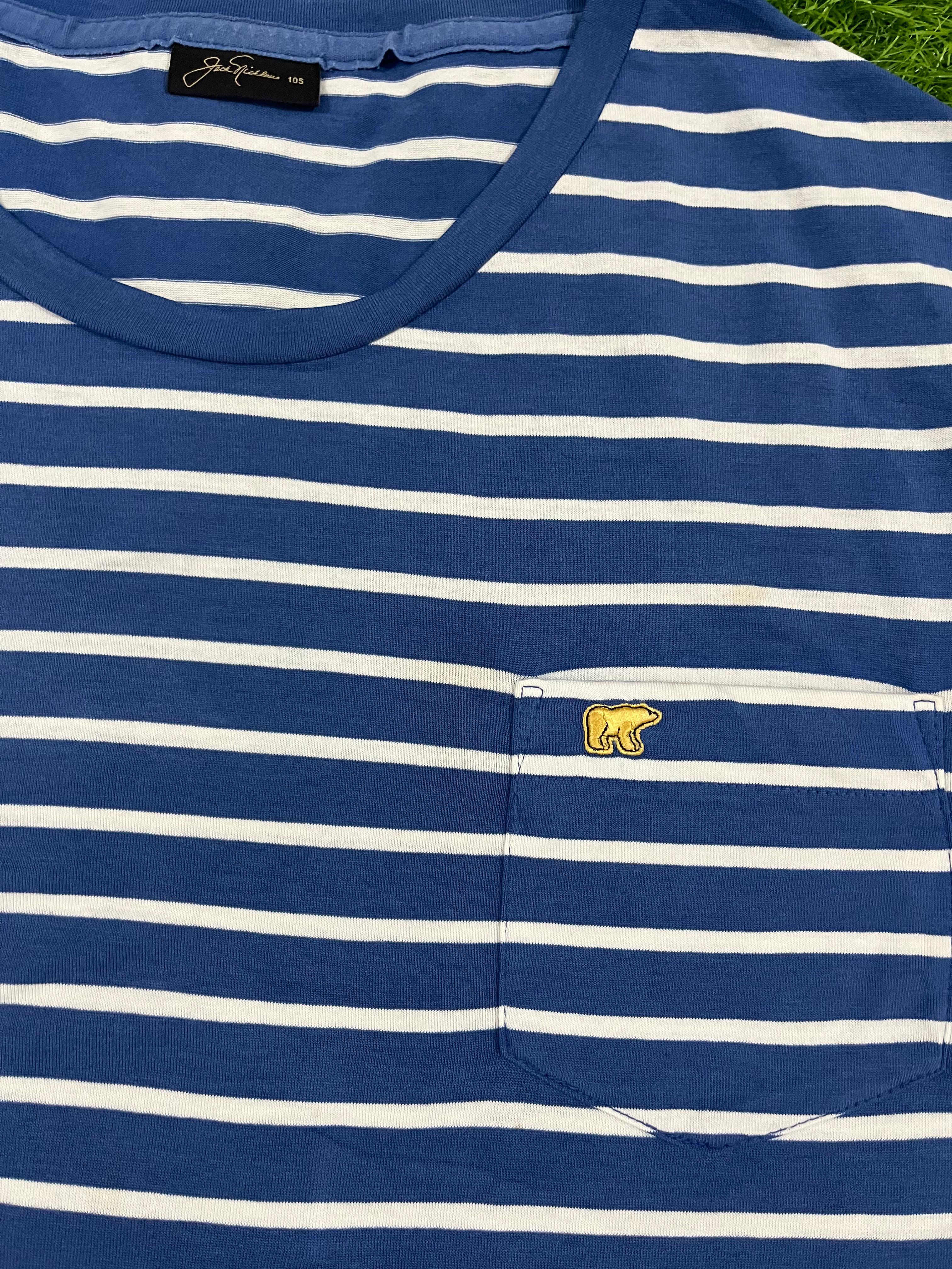Blue & White Striped Tee with Pocket – Size M