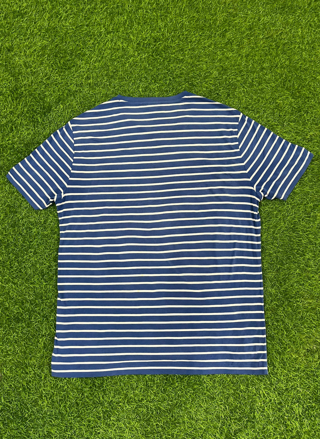 Blue & White Striped Tee with Pocket – Size M