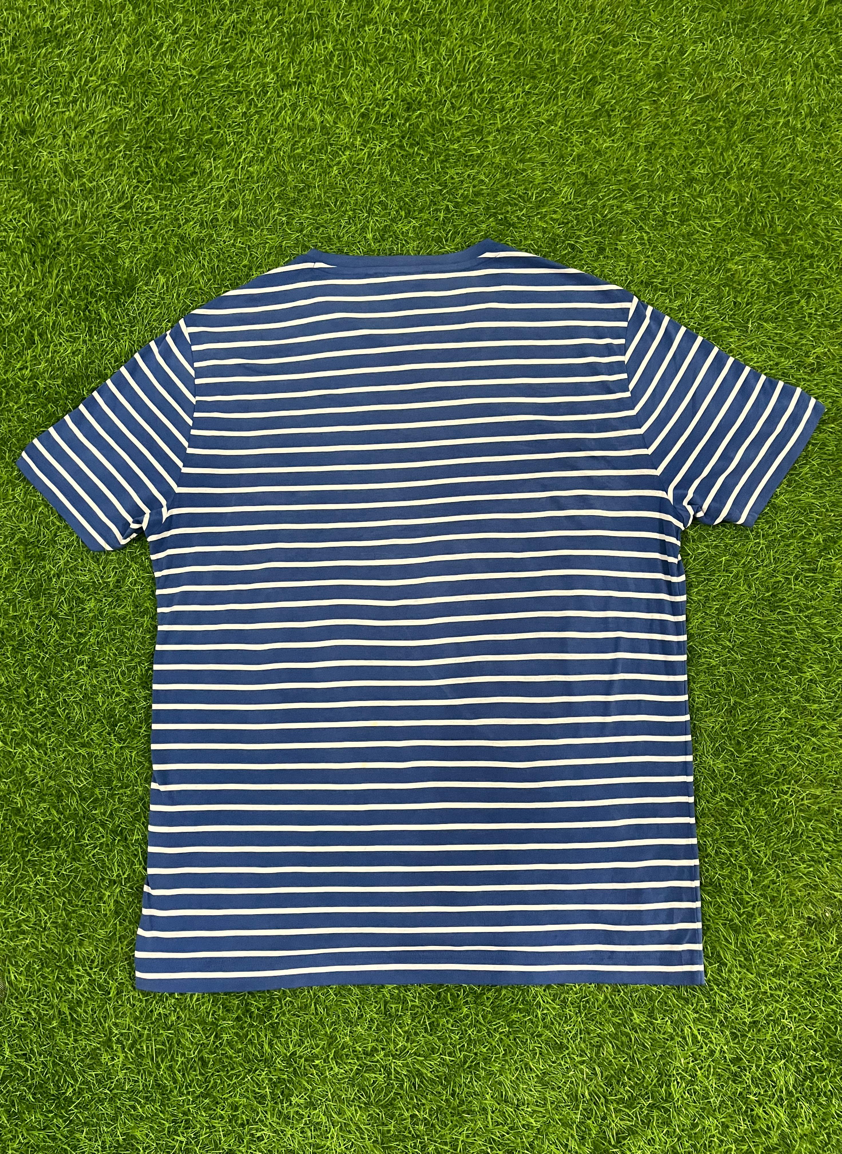 Blue & White Striped Tee with Pocket – Size M