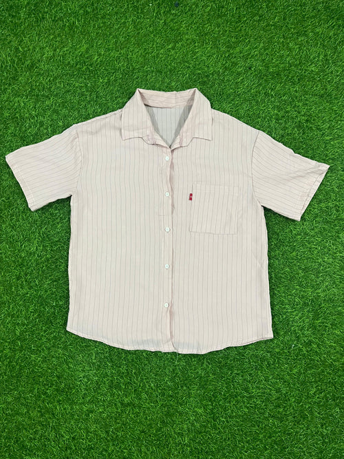 Beige Pinstripe Short Sleeve Button-Down Shirt – Size L