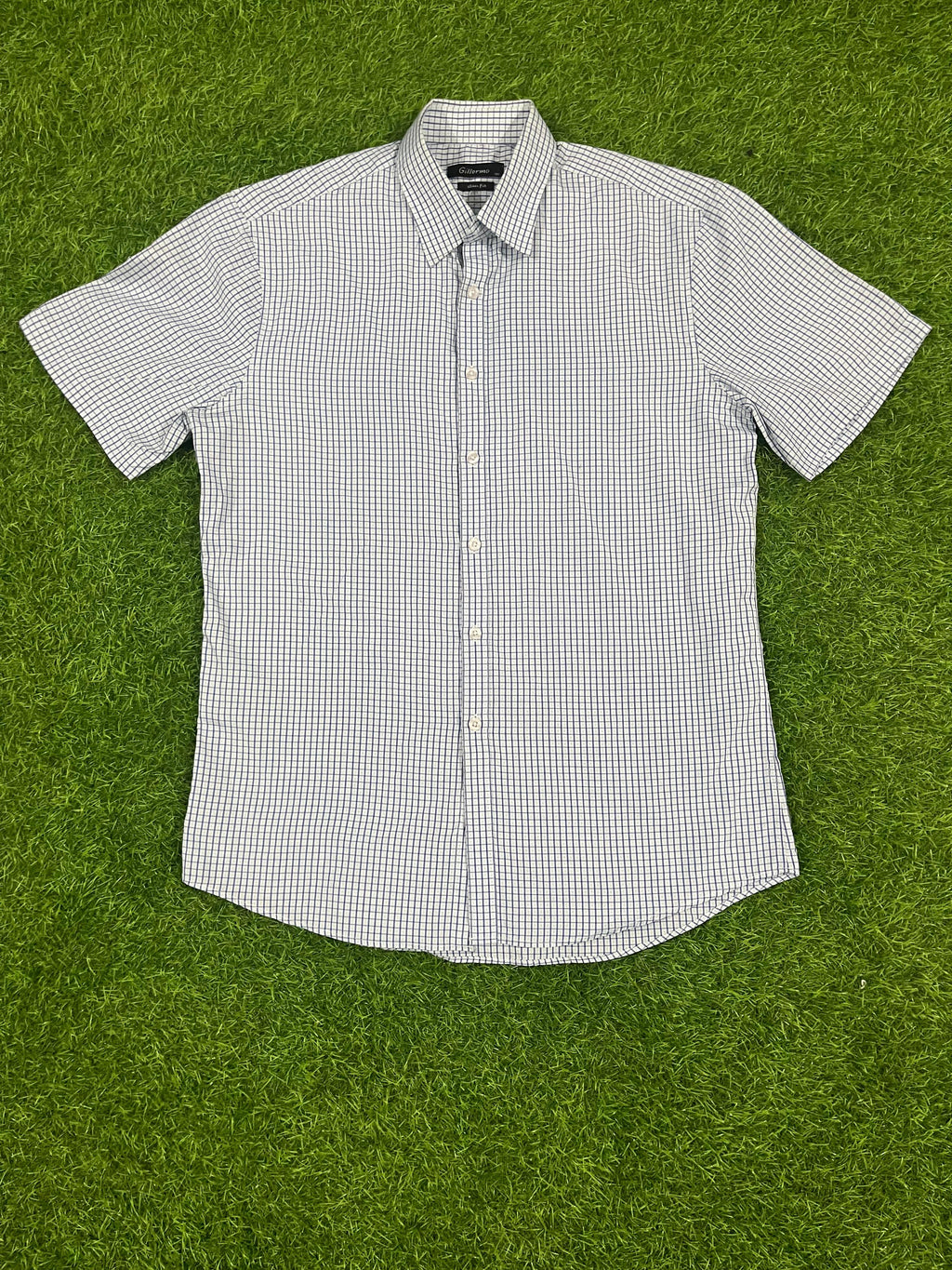 Gillermo Slim Fit Blue Checked Short Sleeve Shirt – Size L