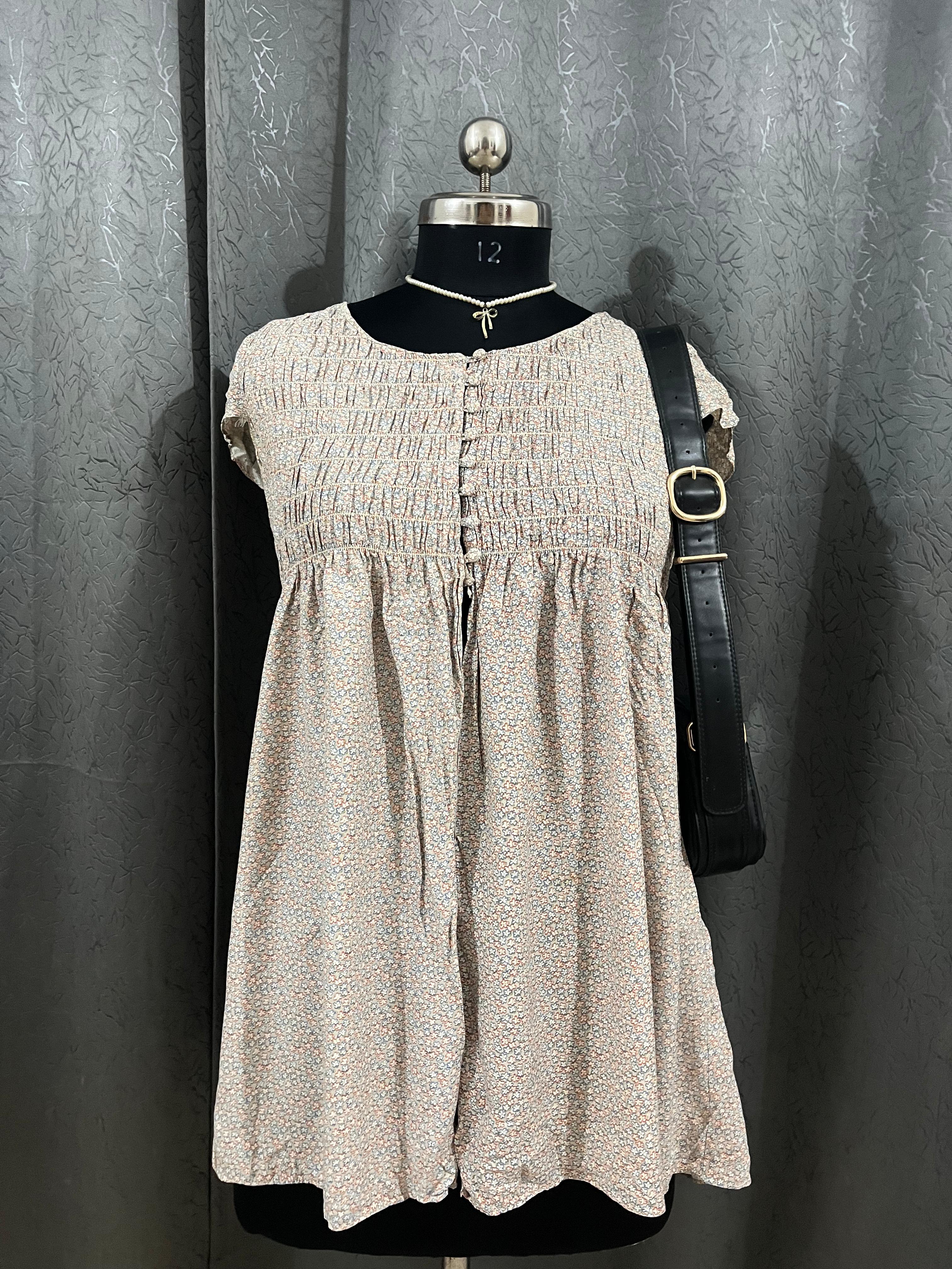 Vintage Beige Floral Smocked Dress – Size M