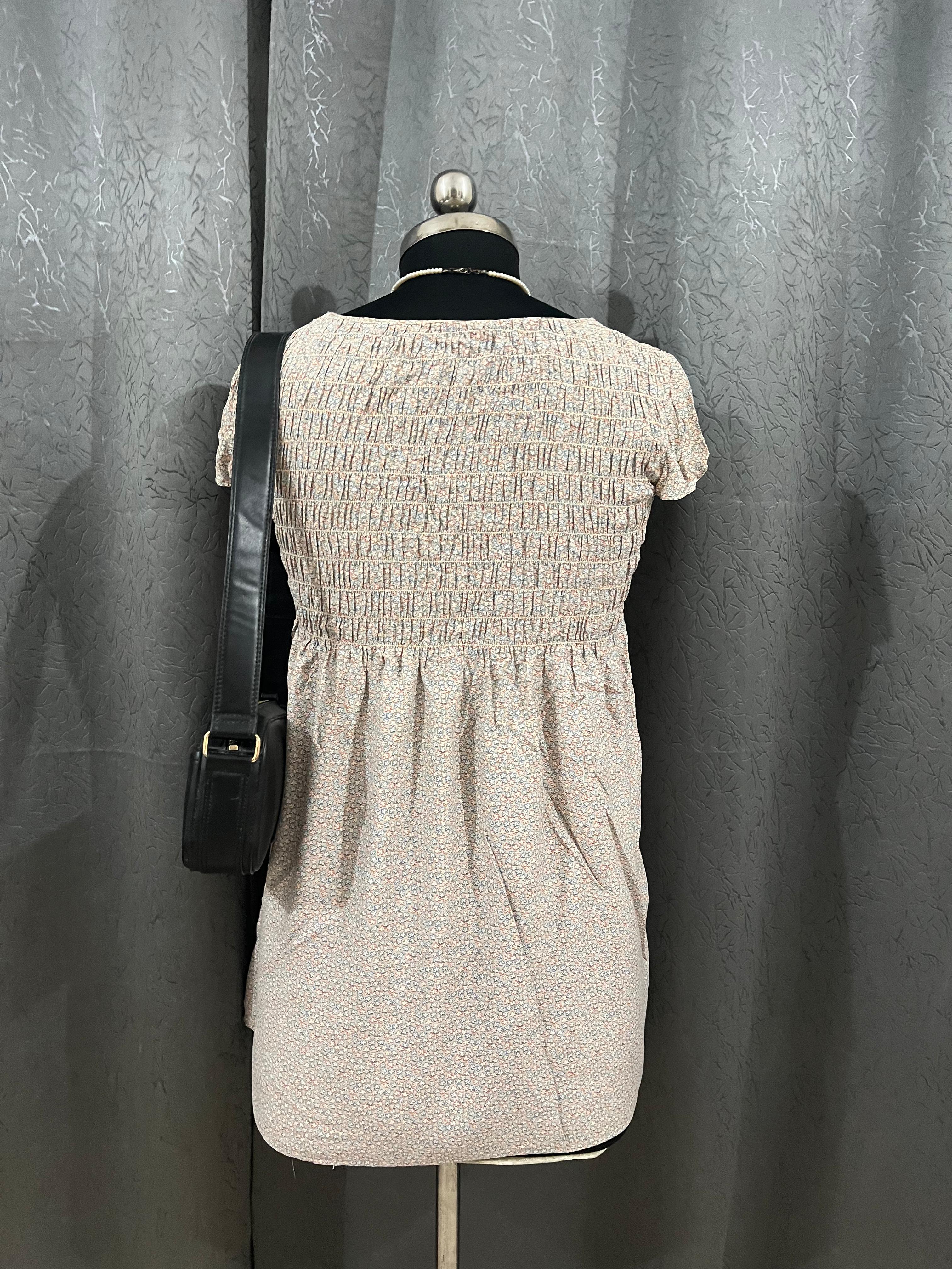 Vintage Beige Floral Smocked Dress – Size M