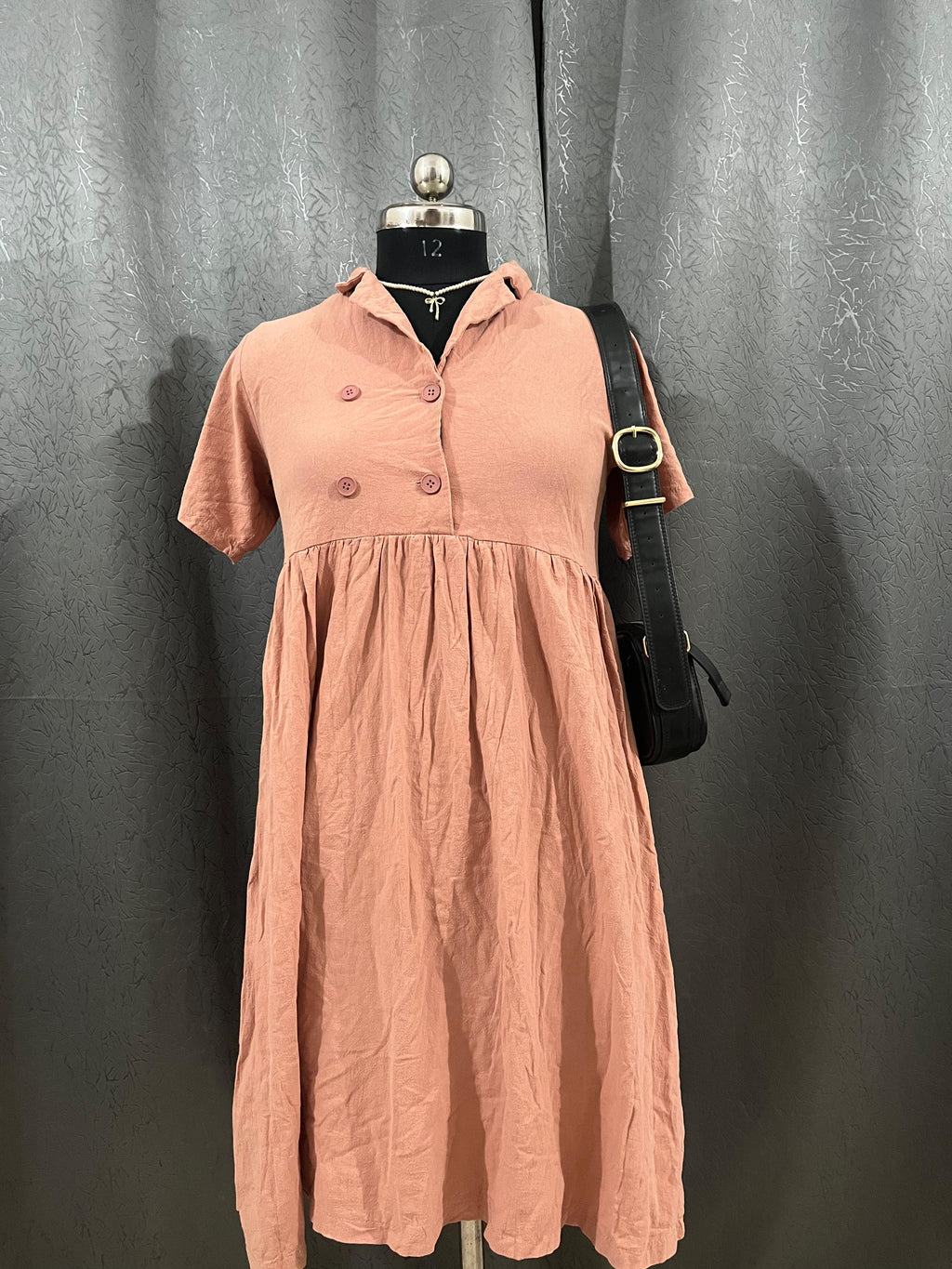 Peach Pink Collared Button-Front Dress – Size L