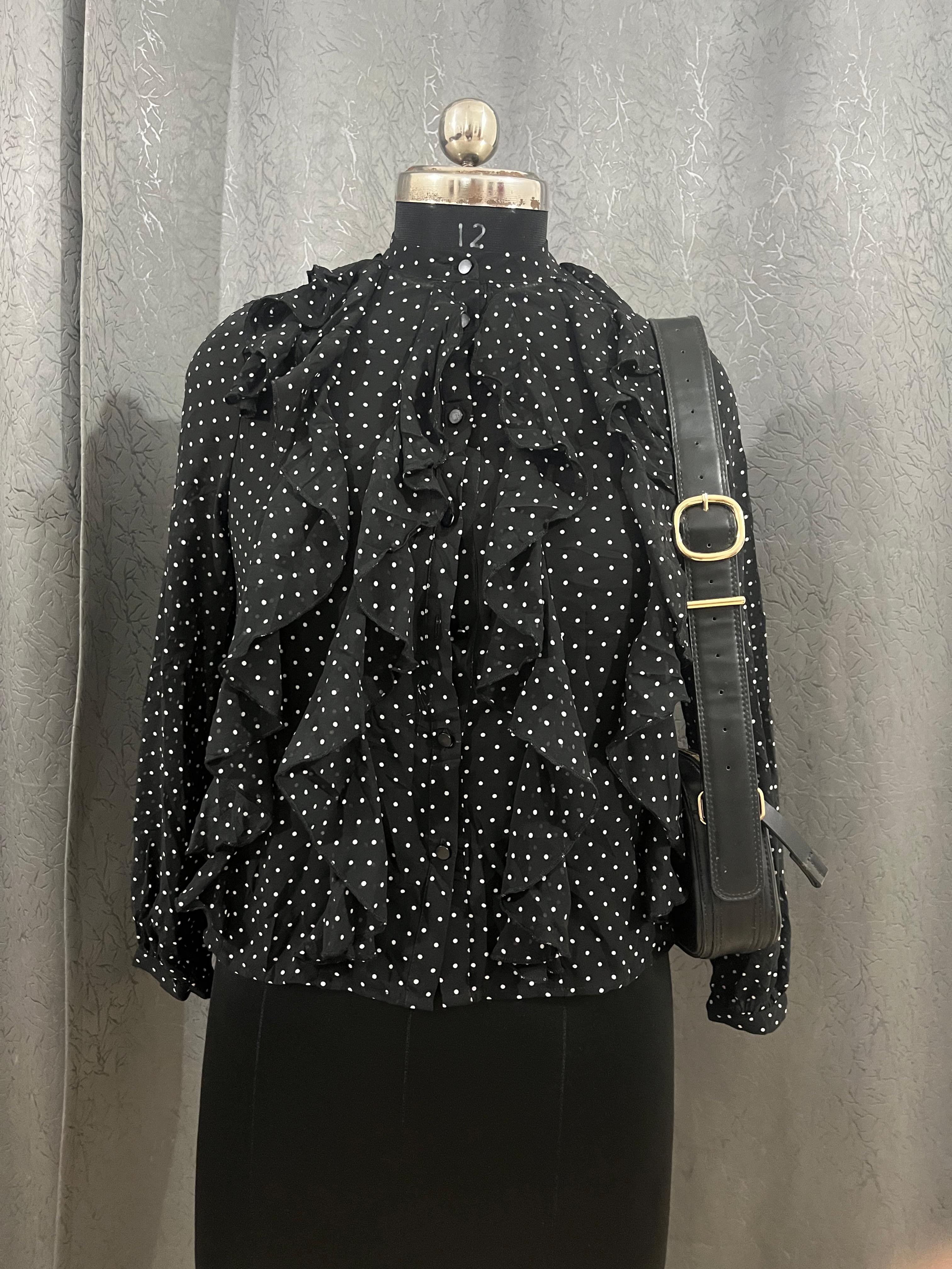 Vintage Black & White Polka Dot Ruffle Blouse – Size L