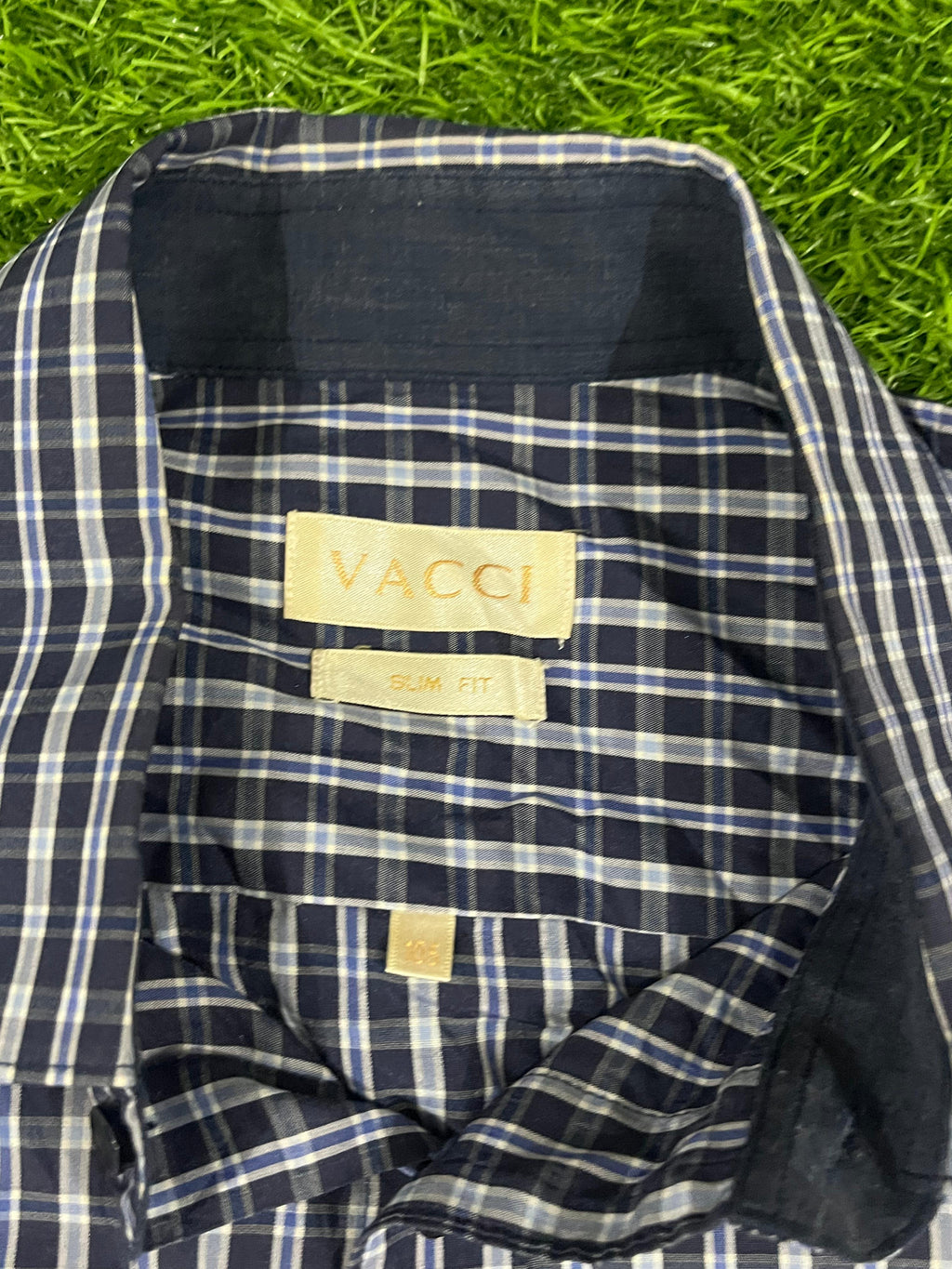 Vacci Slim Fit Navy-White Checkered Short Sleeve
