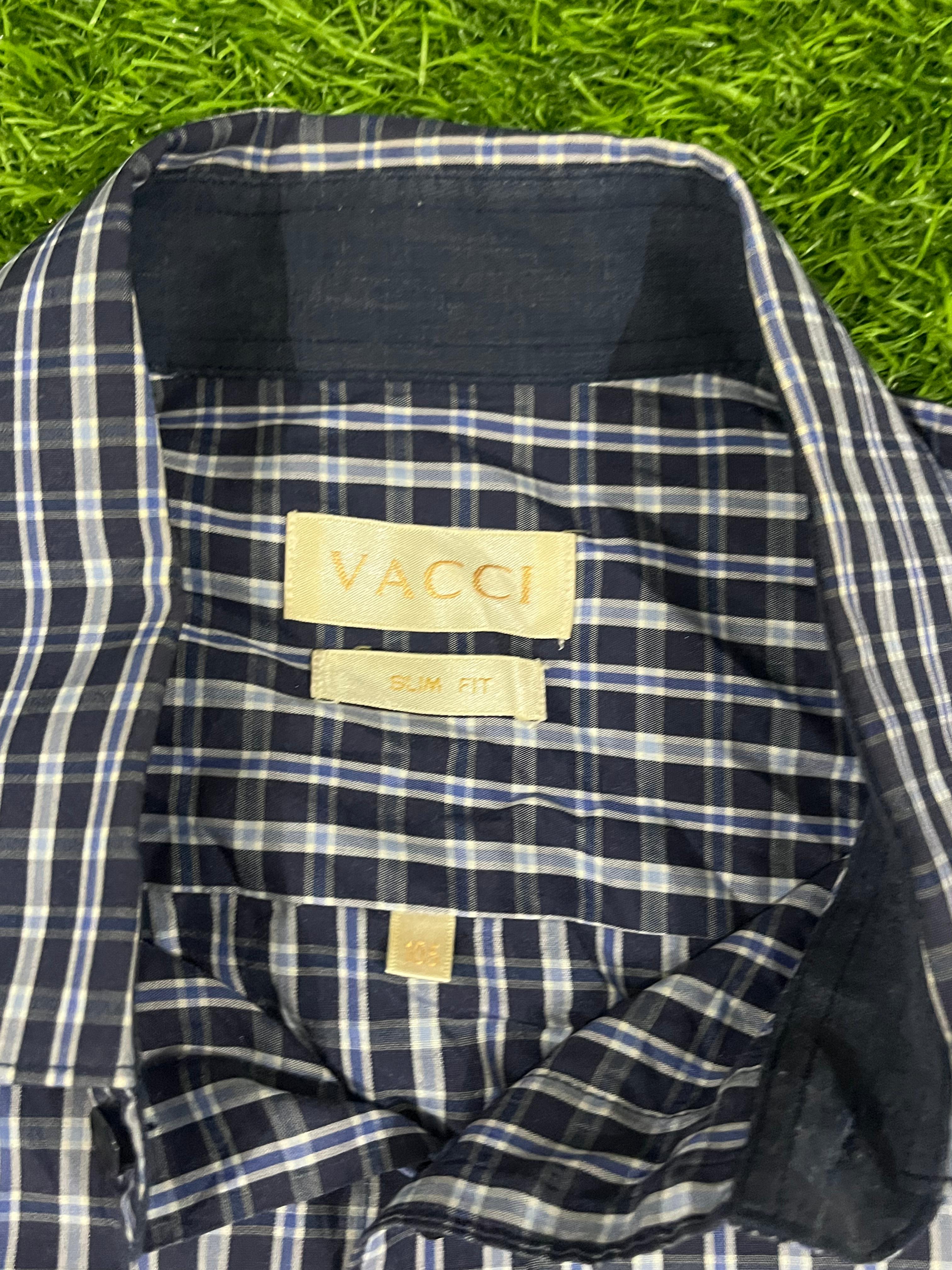 Vacci Slim Fit Navy-White Checkered Short Sleeve