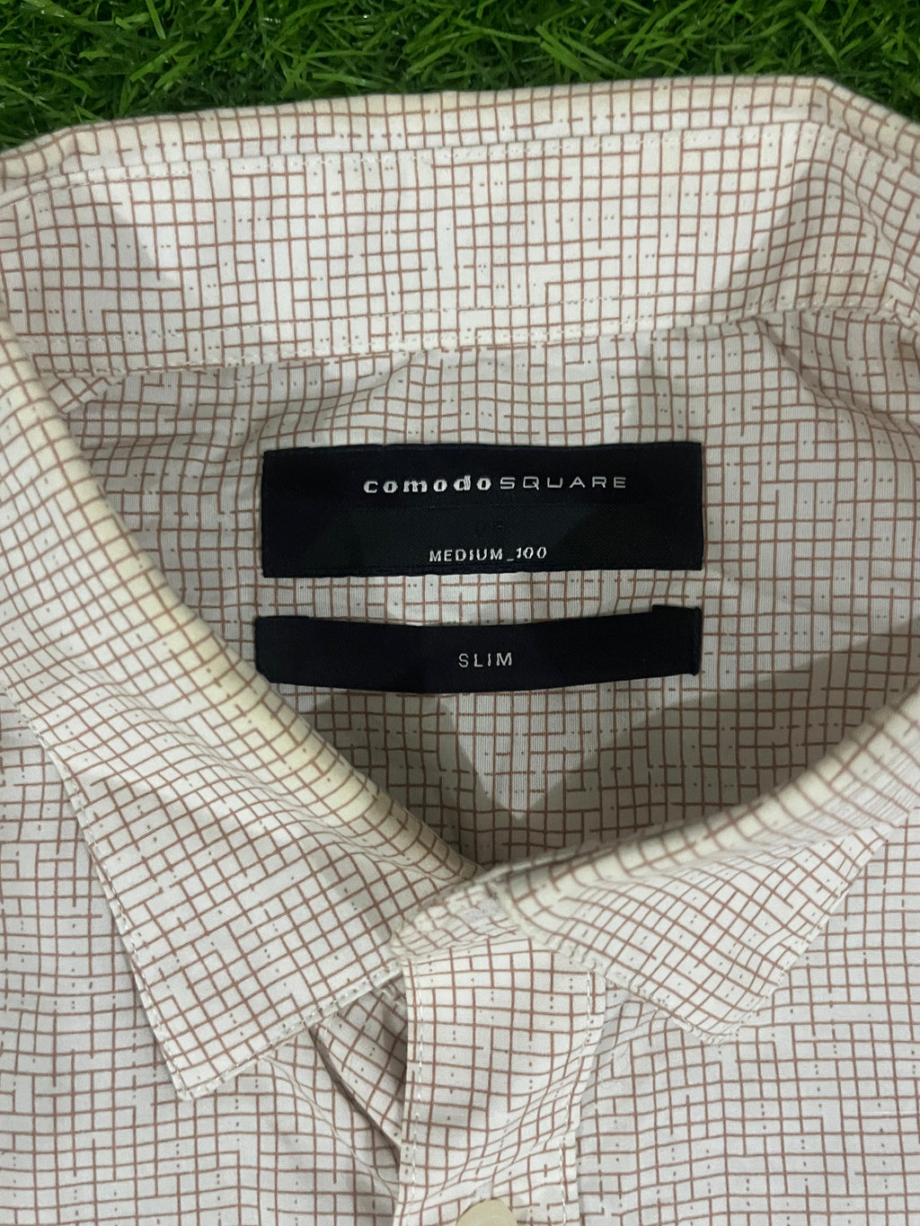 Comodo Square Slim Fit Short Sleeve Shirt – White with Brown Micro-Check Pattern