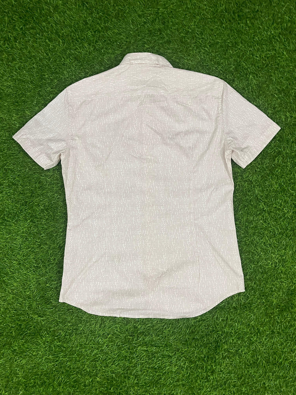 Comodo Square Slim Fit Short Sleeve Shirt – White with Brown Micro-Check Pattern
