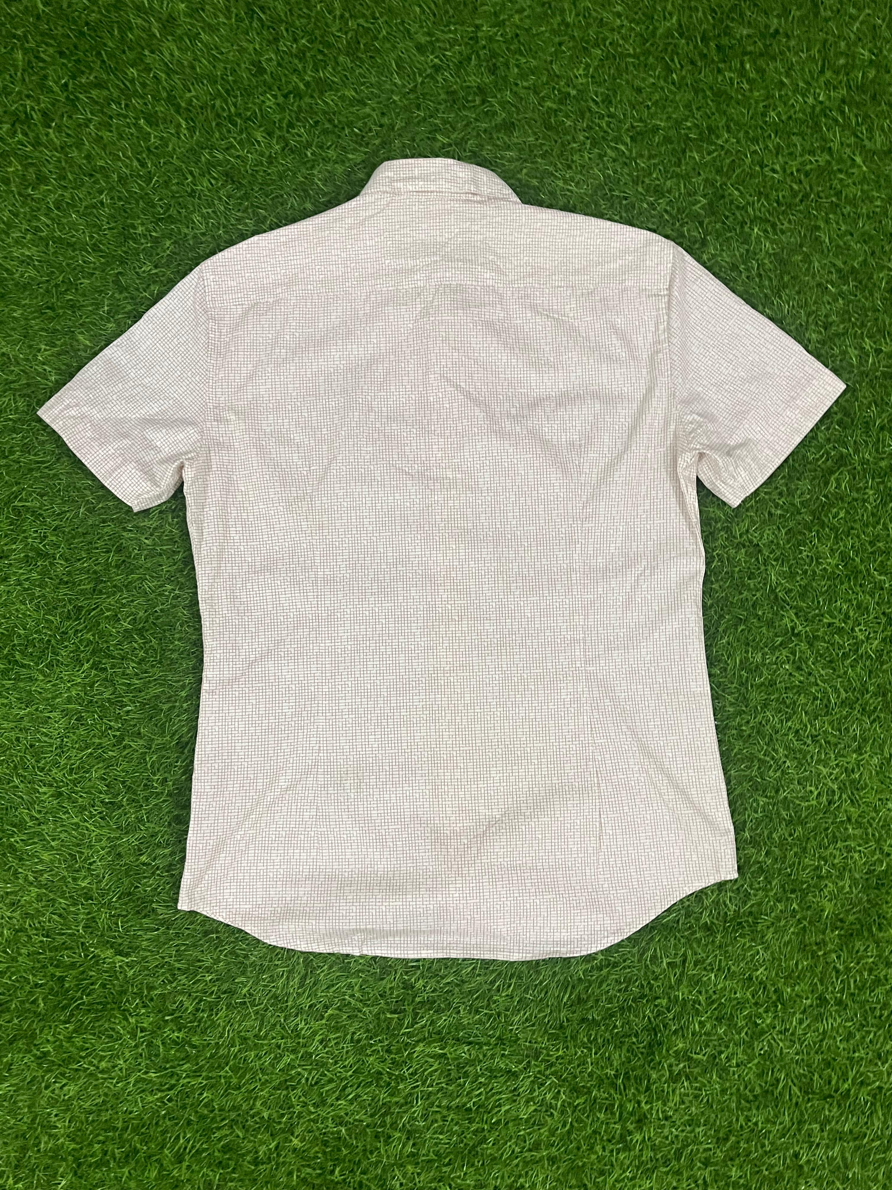 Comodo Square Slim Fit Short Sleeve Shirt – White with Brown Micro-Check Pattern