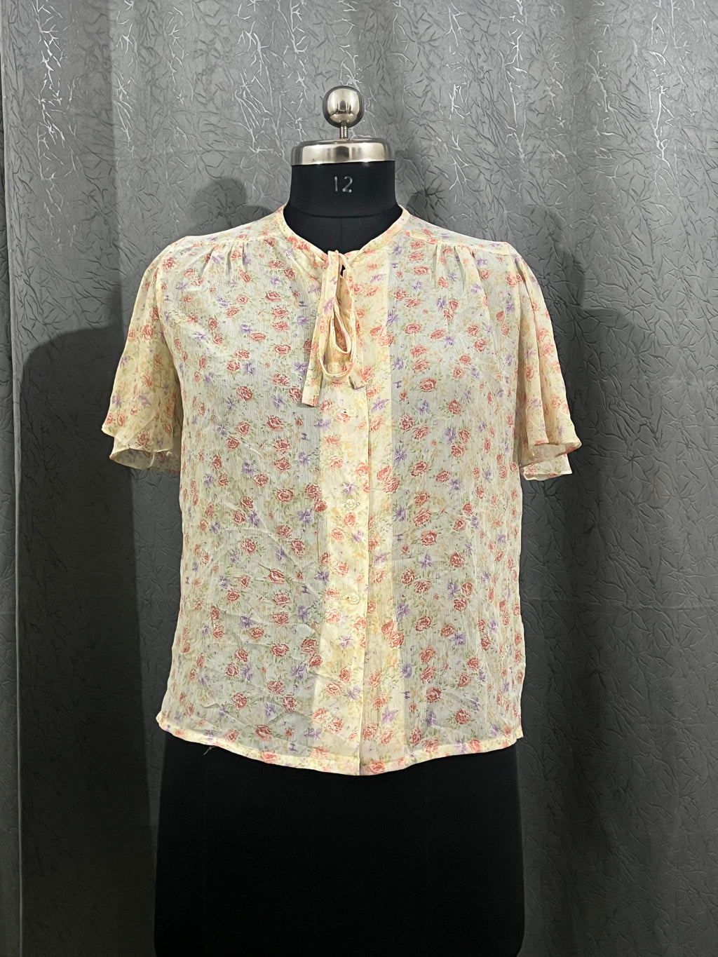 Vintage-Inspired Sheer Floral Tie-Neck Blouse